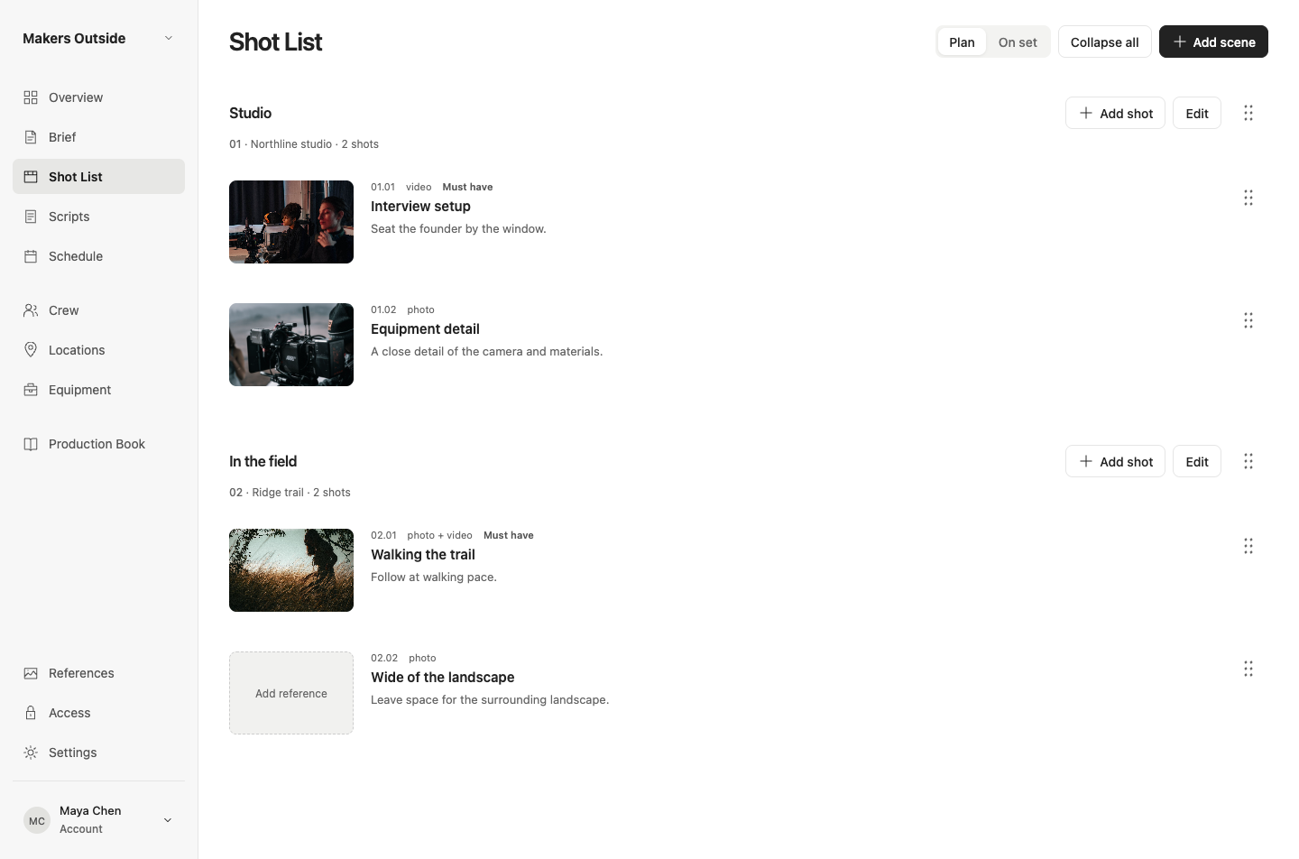Setward shot list in a production workspace